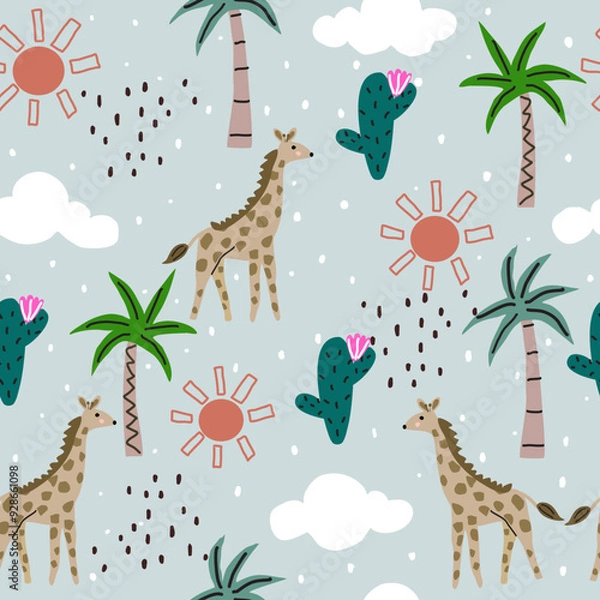 Obraz Seamless giraffe pattern with sun, clouds, cactus, coconut trees and black dots. Creative childish jungle texture. for fabric and textiles. Vector illustration