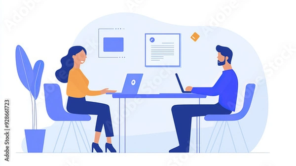 Fototapeta A manager leading a virtual meeting with remote team members displayed on a large screen. A manager conducting a performance review with an employee in a modern office. The scene includes performance 