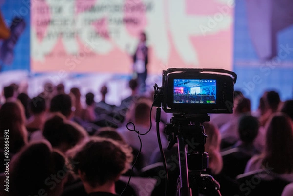 Obraz Video camera records live conference attended by audience in auditorium, capturing event for streaming or archival purposes.