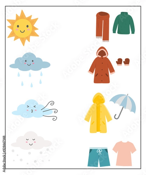 Fototapeta Weather and clothes worksheet for kindergarten, match the weather to the suitable clothing, weather activity for kids 