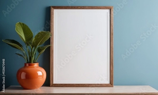 Fototapeta A white framed picture sits on a shelf next to a vase