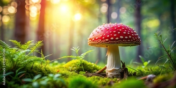 Fototapeta A Single Red Mushroom in a Sun-Drenched Forest, Photography, Nature, Fungi, Mushroom