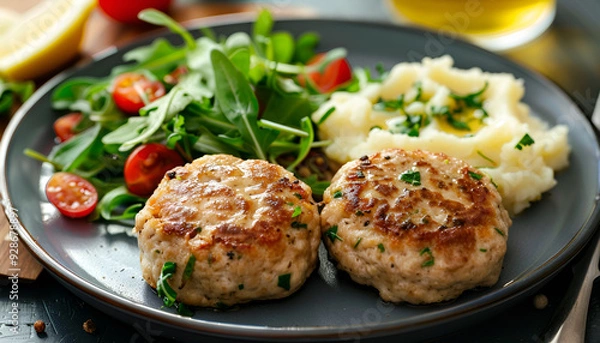 Fototapeta Turkey patties served with mashed potato and fresh salad