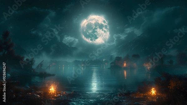 Fototapeta  A Halloween night with spooky ghost stories being told around a campfire, with the full moon shining overhead 