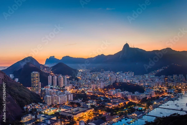 Obraz Rio de Janeiro Brazylia panorama miasta - Widok z Głowy Cukru po zachodzie słońca niebieska godzina
