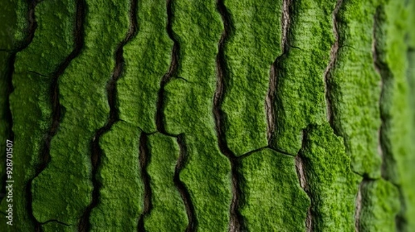 Fototapeta Close-up of a horse chestnut tree's bark, showcasing its unique rough and scaly texture with natural patches of green moss, under soft morning light