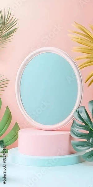 Fototapeta Pastel Color Background With Tropical Leaves and Circle Frame