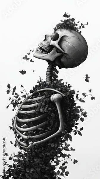 Obraz A striking monochromatic illustration of a skeleton entwined with delicate flowers, symbolizing life and death in a unique blend.