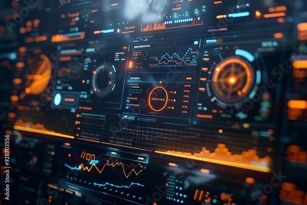 Fototapeta Close-up of futuristic digital interface with glowing orange and blue elements, displaying various charts, graphs, and data.