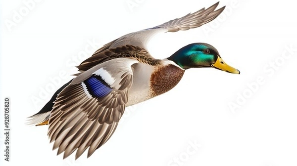 Fototapeta A mallard duck with spread wings is flying in mid-air with a white background.