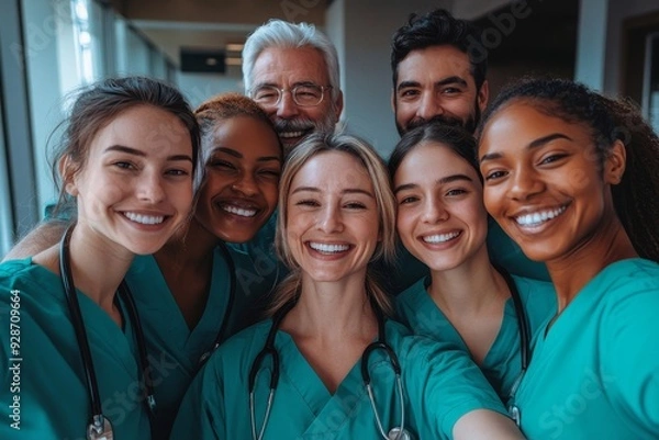 Fototapeta Selfie and hospital doctors, happy people or surgeon team smile on healthcare, medical photo or health services. Teamwork support, memory picture or group face of diversity medicare, Generative AI