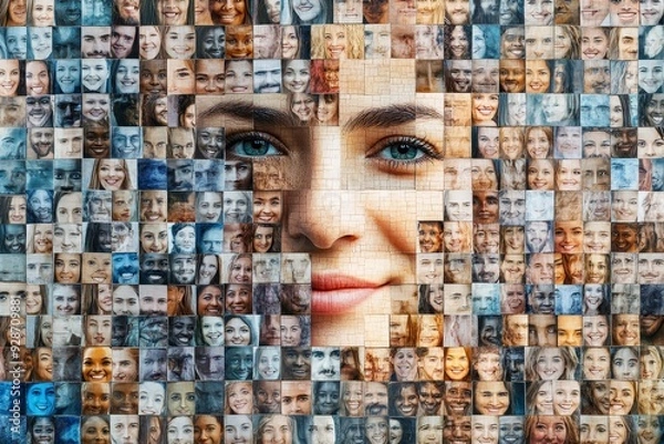 Fototapeta Collage portrait of multiracial smiling different business people. A lot of happy modern people faces in mosaic collection. Successful business, career, diversity, Generative AI