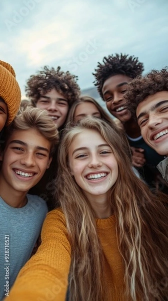 Fototapeta Vertical multi-ethnic group smiling student boys and girls taking selfie outdoors. Happy lifestyle concept of friendship in multicultural young people, Generative AI