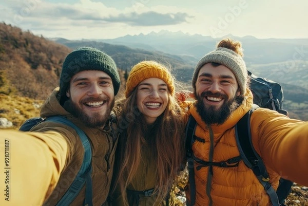 Fototapeta Happy tourists friends making selfie in mountains area, Generative AI