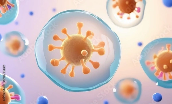 Fototapeta 3D Illustration of Virus Particles with Orange Spikes Encased in Transparent Spheres, Floating in a Light Background