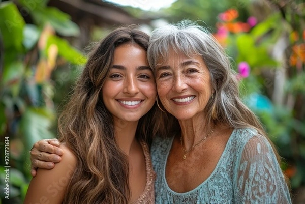 Fototapeta Happy, hug and portrait of a mother and woman in a garden on mothers day with love and gratitude. Smile, family and an adult daughter hugging a senior, Generative AI