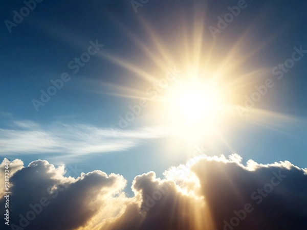 Fototapeta Sunshine with Radiant Rays and Clouds in a Clear Blue Sky