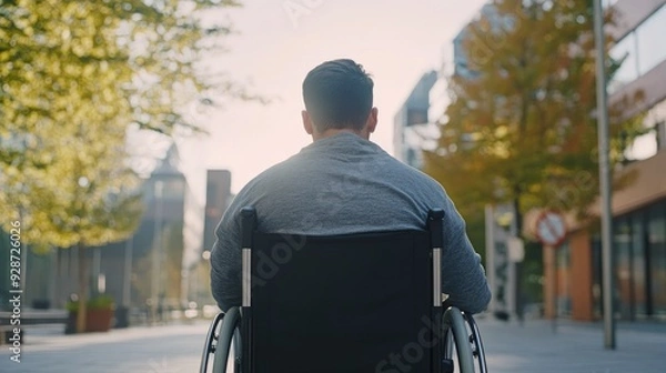 Fototapeta Disability inclusion: Back view of a man in a wheelchair, focusing on mobility and accessibility in an inclusive environment, with space for copy.