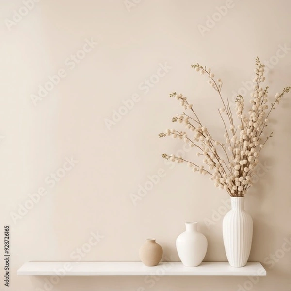 Fototapeta A white shelf with two vases and a bouquet of flowers
