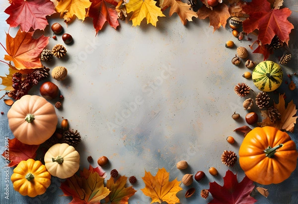 Fototapeta Vintage Autumn Frame with Golden Leaves and Soft Background