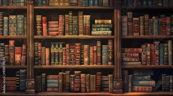 Fototapeta old library background, old books on bookshelves, retro style