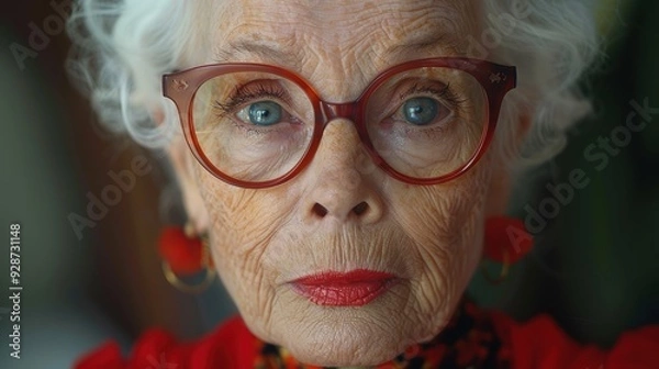 Obraz A close-up portrait of an elderly woman with white hair, wearing large red glasses and earrings, showcasing her vibrant style and expressive face
