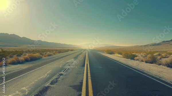 Fototapeta Create an AI image of a deserted highway stretching through a vast desert landscape, highlighting the solitude and endless horizon.