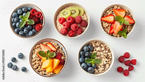 Obraz Bowls of oatmeal with berries and fruits on whiite background