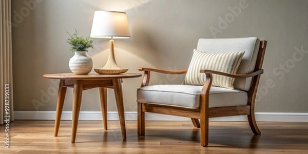 Fototapeta Cozy Living Room with Armchair, Side Table, and Lamp, interior design, home decor, furniture, armchair