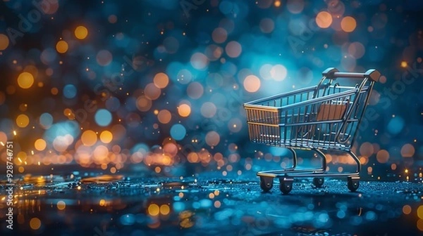 Fototapeta empty shopping cart in focus standing in a hallway of a supermarket
