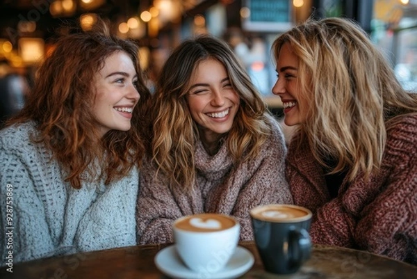 Fototapeta Group of female friends having a coffee together. Three women at cafe, talking, laughing and enjoying their time. Lifestyle and friendship concepts with real people, Generative AI