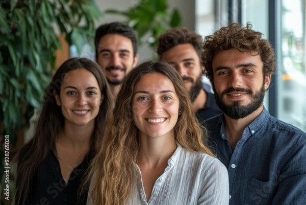 Fototapeta Multiethnic joyful business people looking at camera inside corporate office for a group photo while working together on sustainable innovation project - Goal achievement, Generative AI