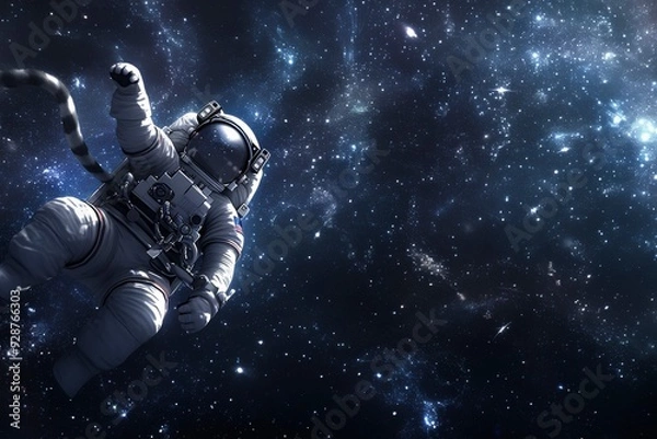 Fototapeta An astronaut floats in space with a starry background.