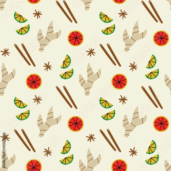 Obraz Vector seamless pattern with ginger and lemon on pastel background. Modern design for fabric and paper, surface textures. 