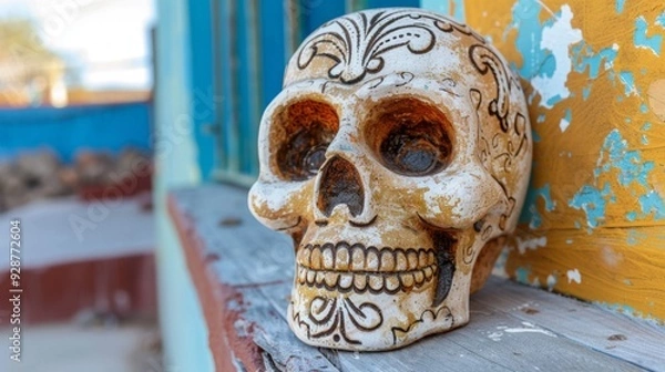 Fototapeta A white skull with brown designs on it is sitting on a wooden ledge