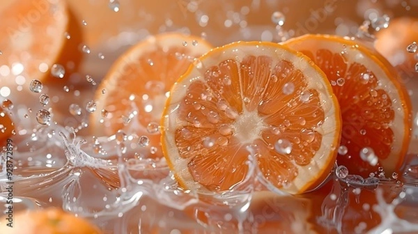 Fototapeta Fresh orange slices splash into a pool of water, creating a vibrant and refreshing scene.