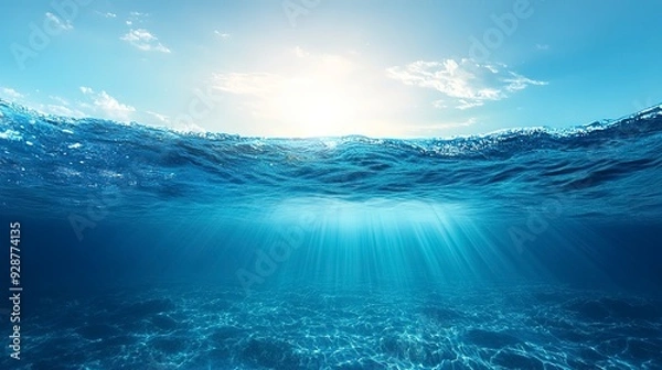 Obraz Blue water and clear sky. Cross-section of deep ocean with waves on the surface. Rays of light illuminating clear dark blue water. Marine landscape. Copy space.