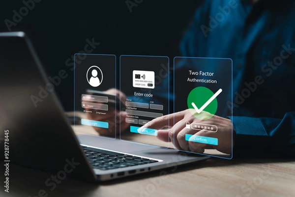 Fototapeta Privacy protect data cybersecurity, 2FA concept, Businessman login online banking, Payment credit card financial transactions, The two-factor authentication security system, personal data protection