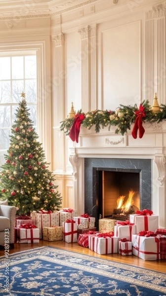 Fototapeta A stylish living room features a large gray and blue rug in front of a fireplace, surrounded by greenery and numerous festive wrapped gifts
