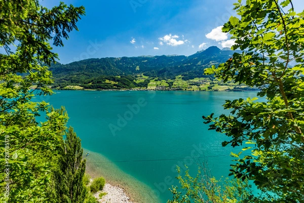 Fototapeta Scenery pastoral view around Quinten hamlet situated on north shore of Walensee, Switzerland, accessible by hiking or boat
