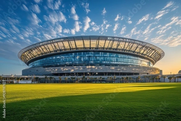 Obraz A stadium with a large green field and a blue sky
