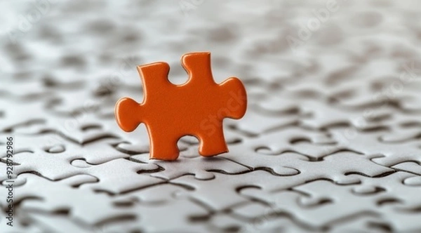 Fototapeta An orange puzzle piece stands out against a blurred background, symbolizing uniqueness and individuality