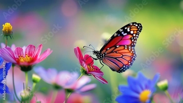 Obraz Closeup butterfly sucking nectar from beautiful color flowers