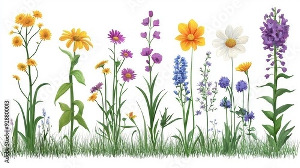 Fototapeta A row of flowers with a variety of colors including yellow, purple, and white