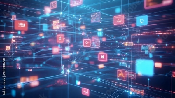 Fototapeta Abstract Digital Network with Red and Blue Glowing Lines and Icons