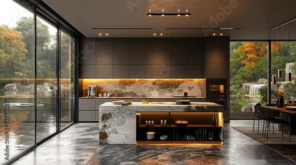 Obraz A modern kitchen with a marble island and glass walls, featuring an interior design with a black and gold color scheme and modern architecture. Large windows overlook nature