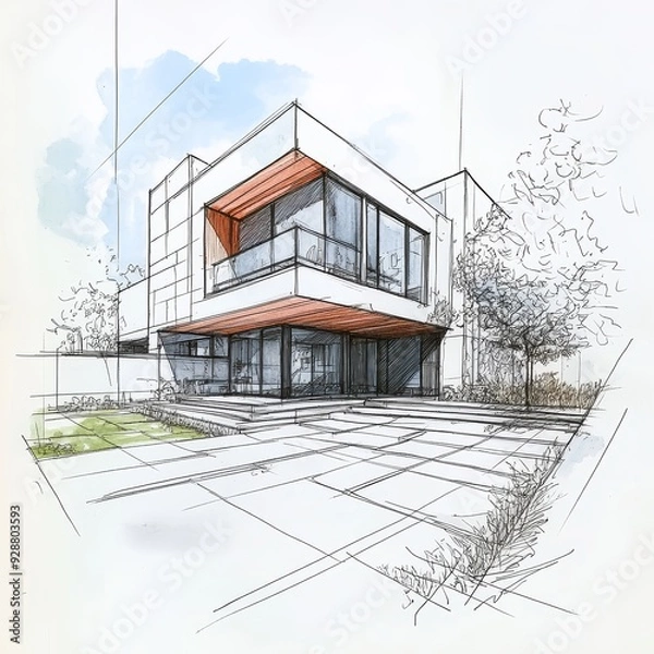 Obraz  Contemporary architectural sketch with pencil and markers of a house facade, technical drawn background