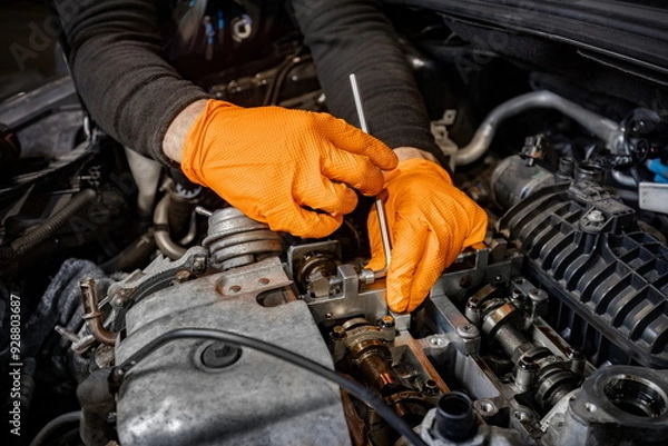 Obraz Mechanic Hands Fixing Car Engine in Service