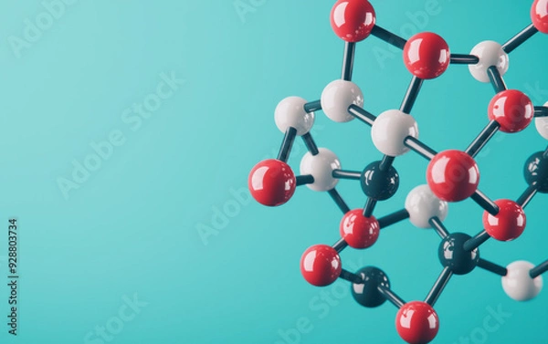 Fototapeta Close-up of a molecular structure model with red, black, and white spheres and sticks against a blue background, depicting scientific research.