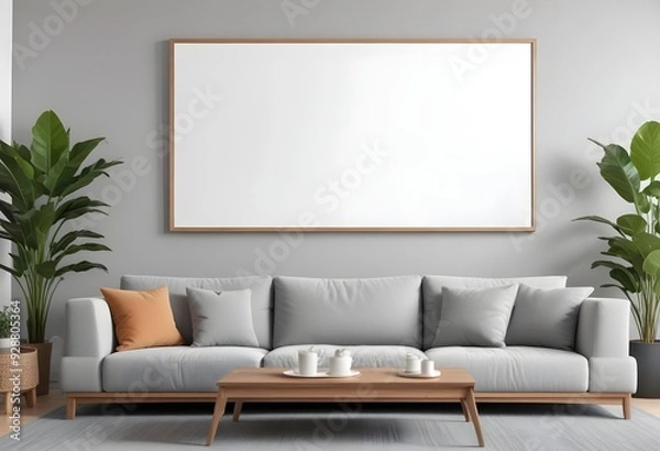 Fototapeta A modern living room with a large blank white frame on the wall above a gray sectional sofa, a wooden coffee table, and a potted plant.
